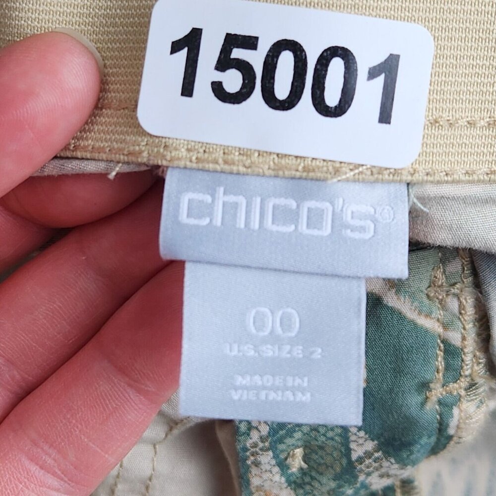 Chicos Pants Womens 00 Tan Green 2 Roll Hem Tropical Mid Rise Cropped Casual - Picture 10 of 11